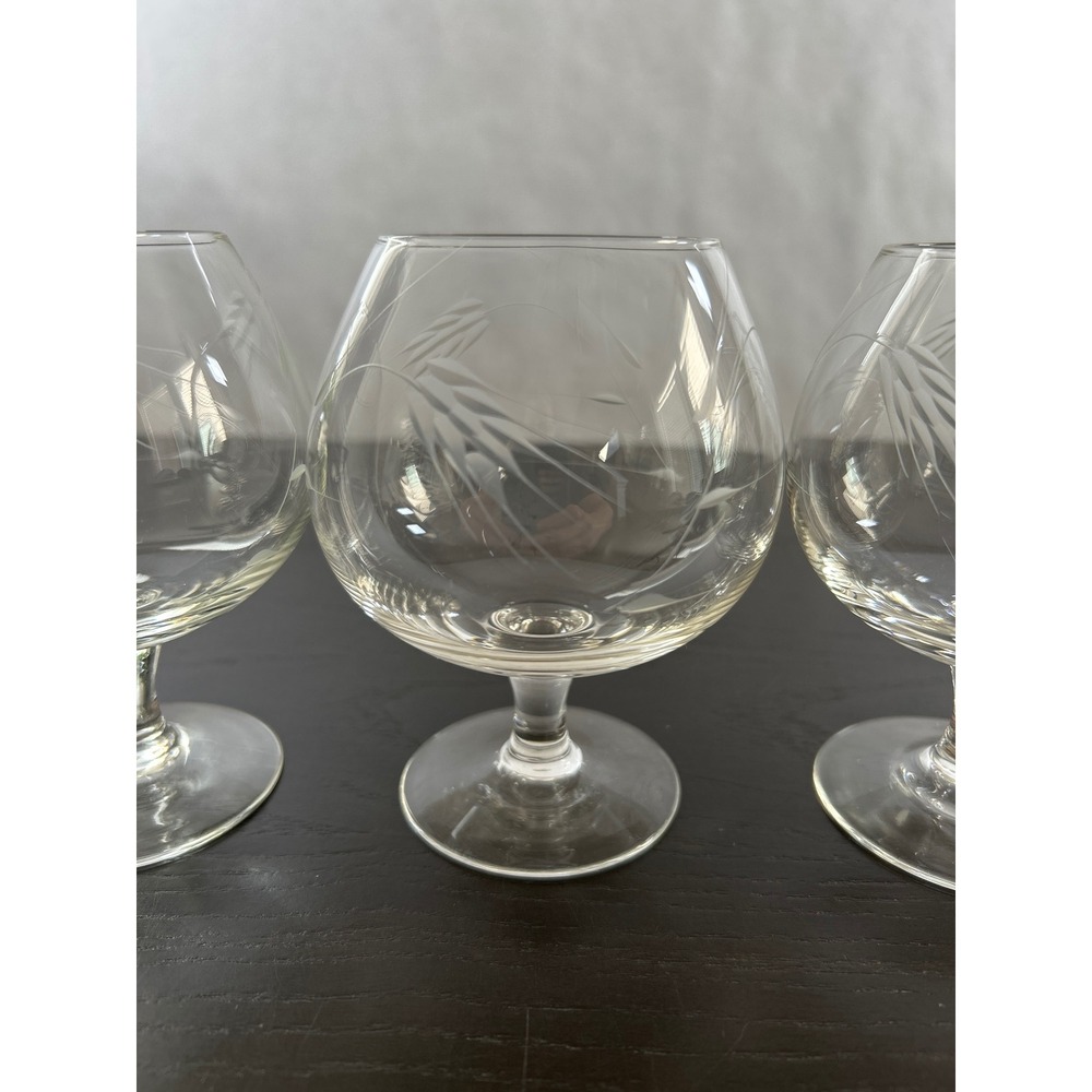 Vintage Libbey Wheat Etched Brandy Snifters MCM 4 Clear Glass Cognac Glasses - Picture 3 of 5